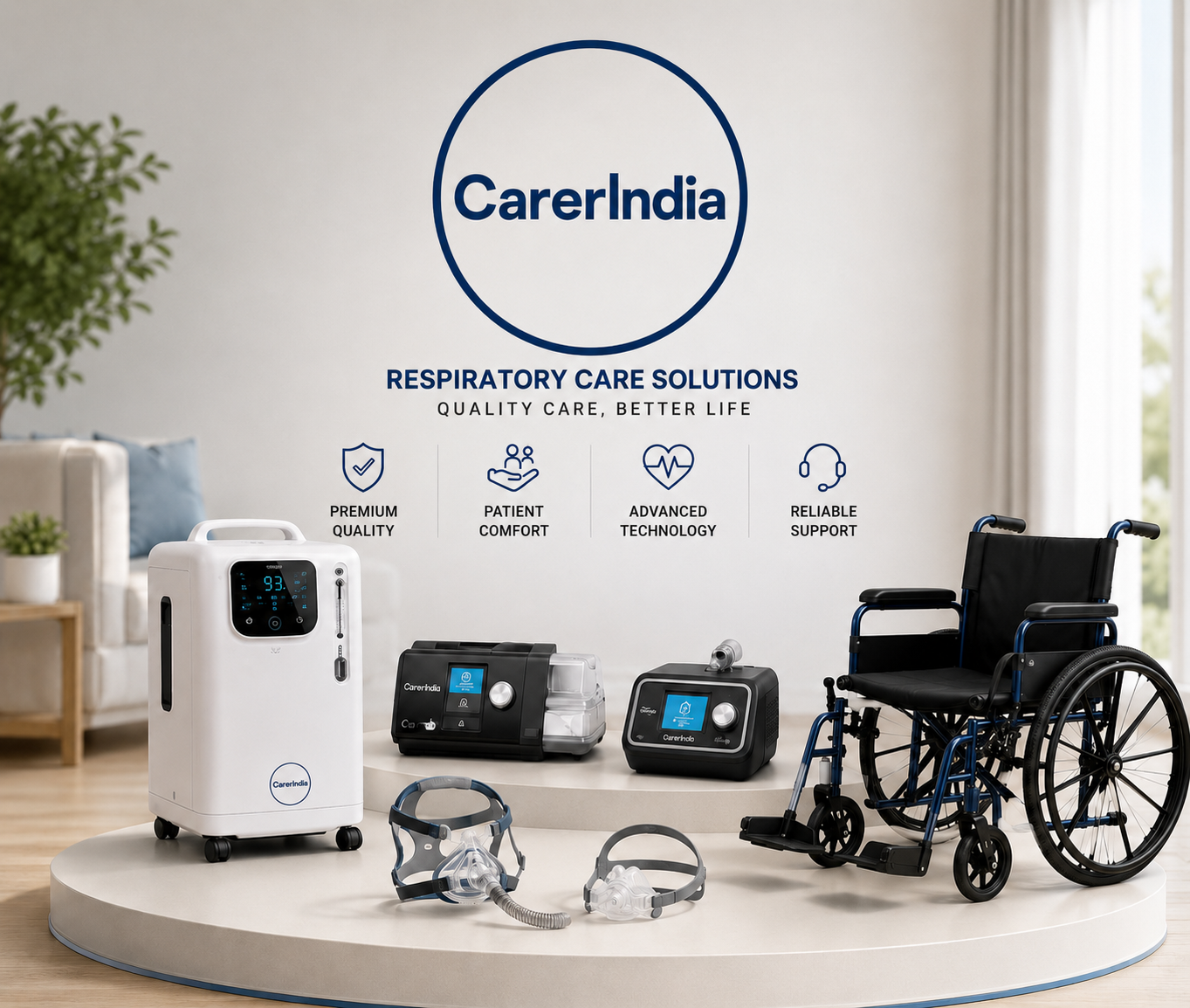 CarerIndia TCH pvt limited respiratory care solutions — oxygen concentrator, CPAP and BiPAP machines, masks and wheelchair